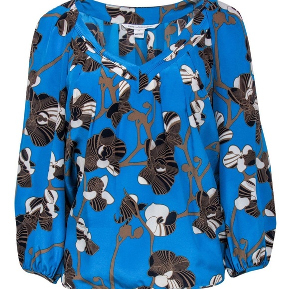 Diane Von Furstenberg Tops - Diane von Furstenberg  SilkTurquoise Blouse w/ Puff Sleeve & Orchid Pattern